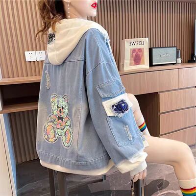 设计感假两件连帽开衫牛仔外套女春秋新款初高中学生宽松韩版上衣