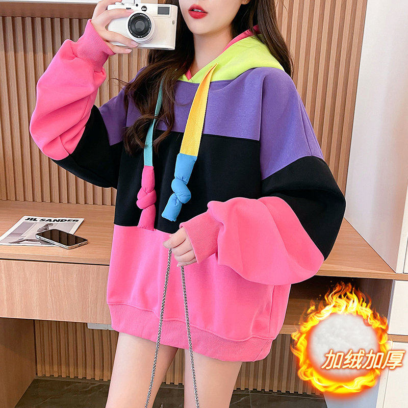 大码女装多巴胺撞色拼接连帽卫衣女秋冬新款加绒加厚外套减龄上衣,女装/女士精品,卫衣/绒衫,淘宝优惠券,粉丝福利购,淘宝优惠卷