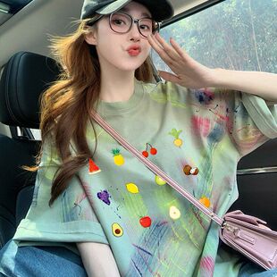 女装 t恤女夏季 大码 趣味涂鸦纯棉短袖 设计感扎染减龄上衣 新款 美式