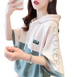 设计感连帽短袖t恤女夏装新款小个子宽松初中高中学生短款上衣潮