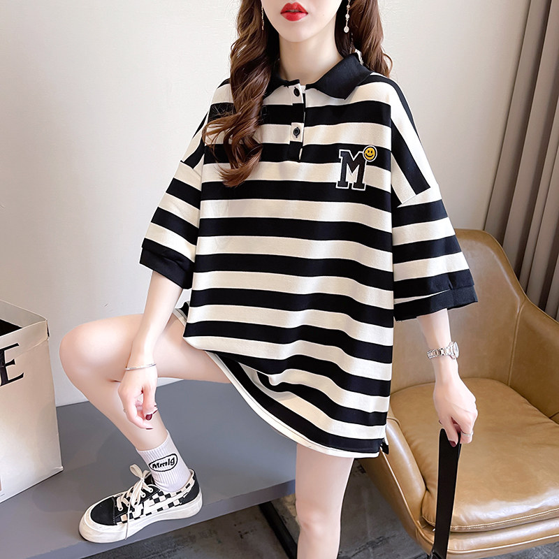 大码女装夏季新款polo衫纯棉条纹短袖t恤女中长款宽松洋气上衣潮