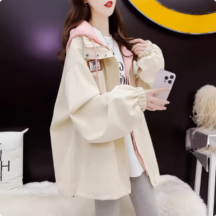 假两件韩版工装连帽风衣外套女春秋新款初中高中学生宽松大码上衣