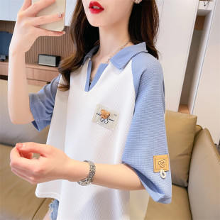 撞色polo领短袖t恤女夏季设计感初中高中学生宽松小个子短款上衣