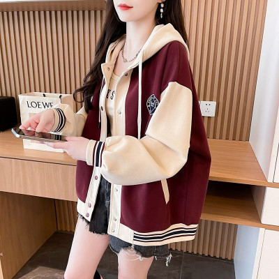 撞色卫衣外套少女秋冬季新款初中高中学生大码宽松连帽加绒棒球服