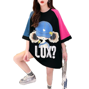 欧货大版洋气拼接大码夏季遮肚纯棉短袖T恤女初中高中学生上衣潮