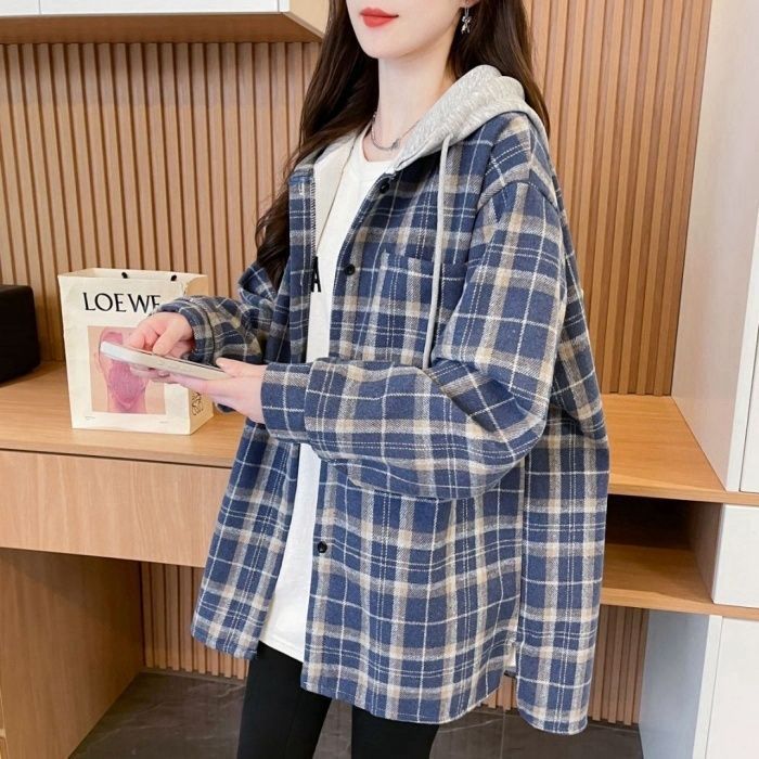 大码宽松格子连帽外套女秋冬装新款胖mm时尚洋气慵懒风超好看上衣