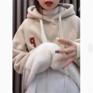 欧洲站大码宽松秋冬立体绣花加绒加厚连帽卫衣女初中高中学生外套