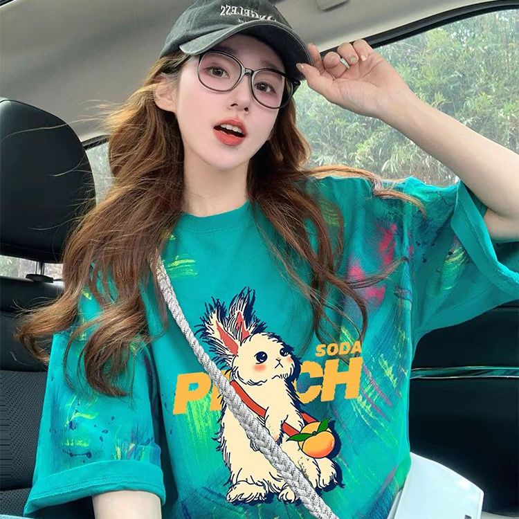 大码女装复古涂鸦纯棉短袖t恤女夏季新款美式潮牌设计感显瘦上衣