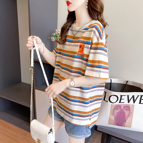 欧货大版彩色条纹短袖t恤女