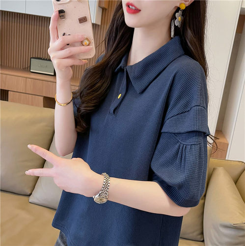 华夫格polo衫短袖t恤女