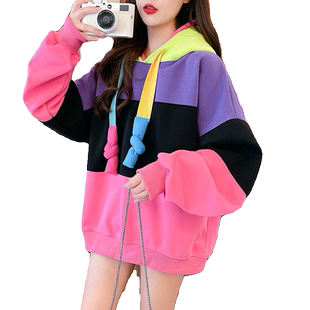 大码女装多巴胺撞色拼接连帽卫衣女秋冬新款加绒加厚外套减龄上衣