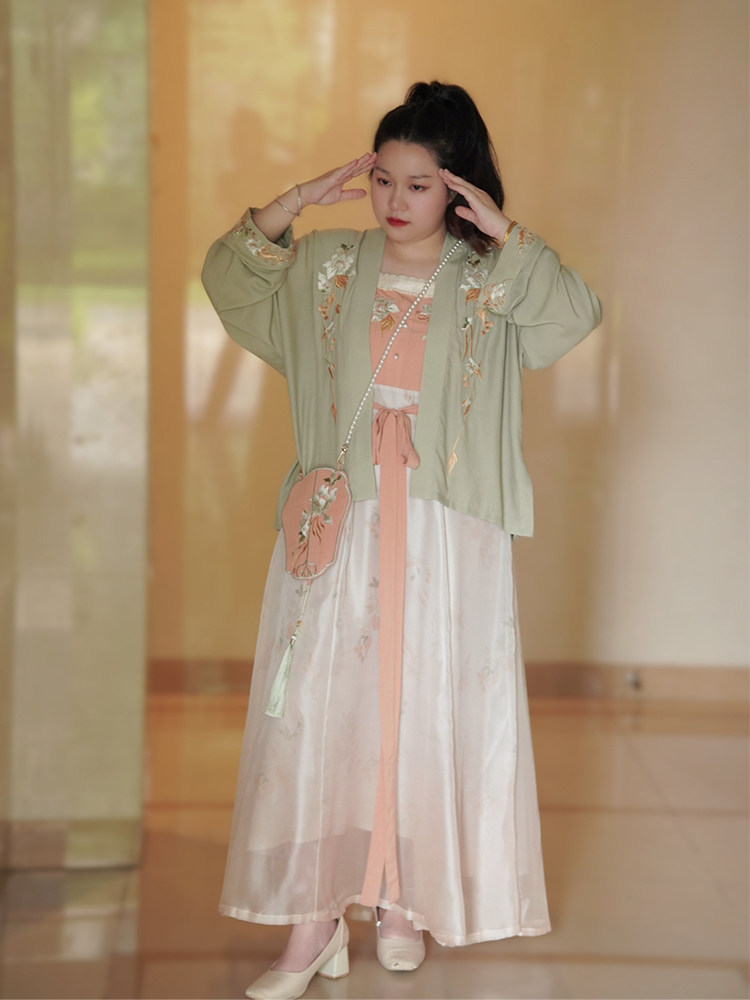 SUIQI 천연 귤 대형 HANFU 가슴 길이 서스펜더 스커트 여성 요소 프린트 데일리 드레스 카디건 여름