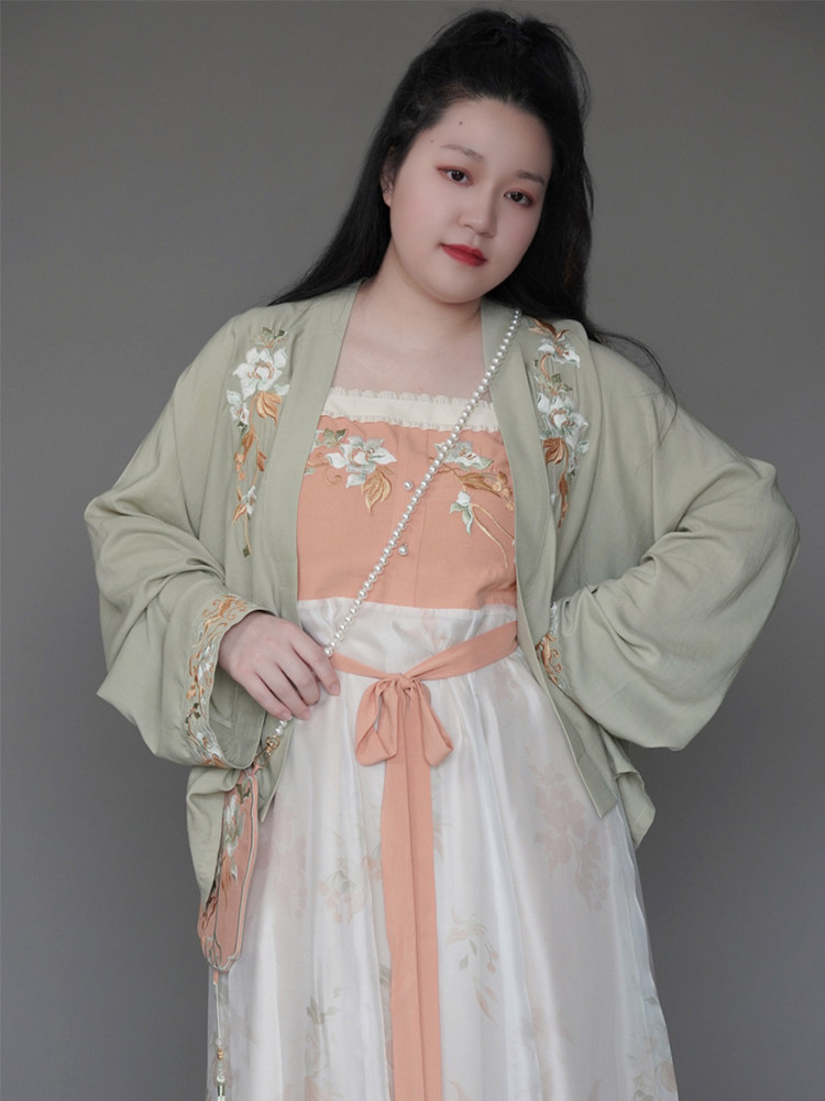 SUIQI 천연 귤 대형 HANFU 가슴 길이 서스펜더 스커트 여성 요소 프린트 데일리 드레스 카디건 여름