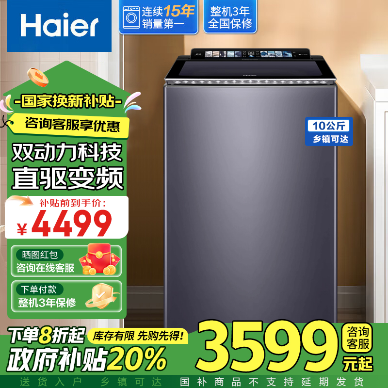 【国家补贴】海尔双动力10公斤家用防缠绕直驱波轮精华自动洗衣机