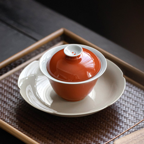 矾红手绘盖碗柿子泡茶器茶杯