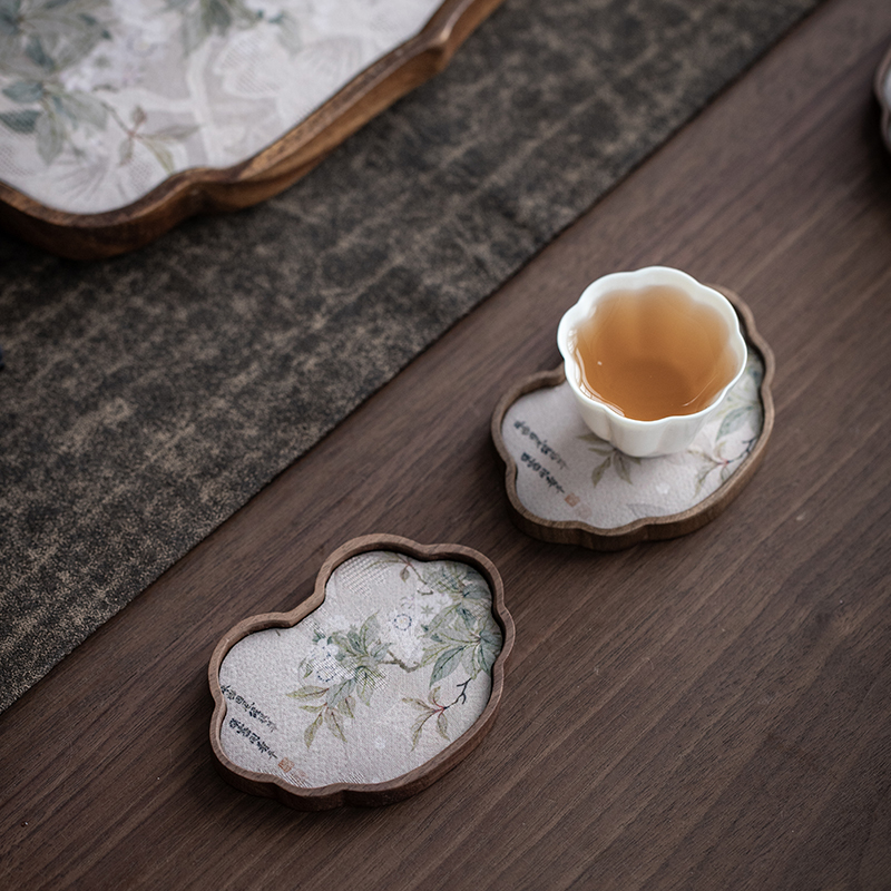 草木祠 胡桃木茶杯垫实木茶杯托中式家用云纱茶具隔热垫防水垫子
