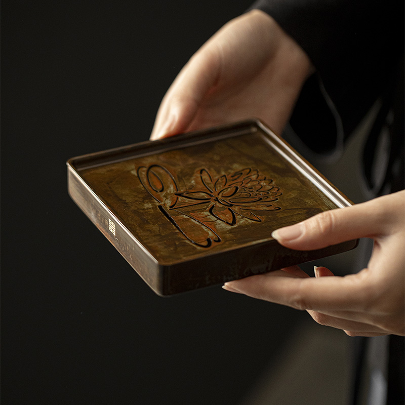 草木祠 黄铜四方莲花壶承中式茶盘家用储水式干泡台复古养壶托盘