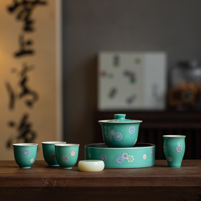 松石绿清欢茶具套组 日式家用复古陶瓷盖碗茶杯整套茶具礼盒装