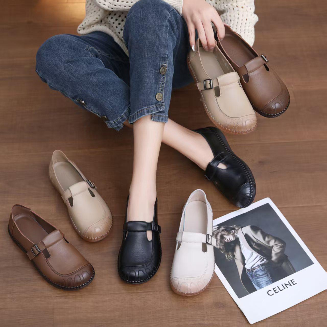 春季新款圆头复古平底豆豆鞋真皮单鞋女牛津软底中老年妈妈小皮鞋,女鞋,乐福鞋（豆豆鞋）,淘宝优惠券,粉丝福利购,淘宝优惠卷
