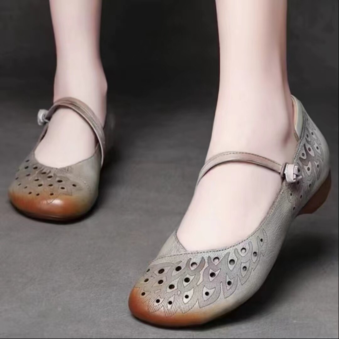 夏季原创复古浅口包头凉鞋女士真皮软底民族风镂空透气玛丽珍凉鞋
