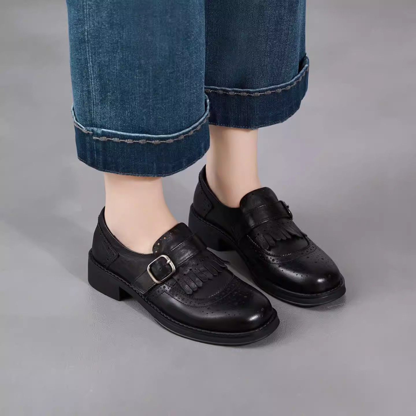 头层牛皮英伦风2026春季新款布洛克厚底乐福鞋复古小皮鞋流苏女鞋,女鞋,深口单鞋,淘宝优惠券,粉丝福利购,淘宝优惠卷