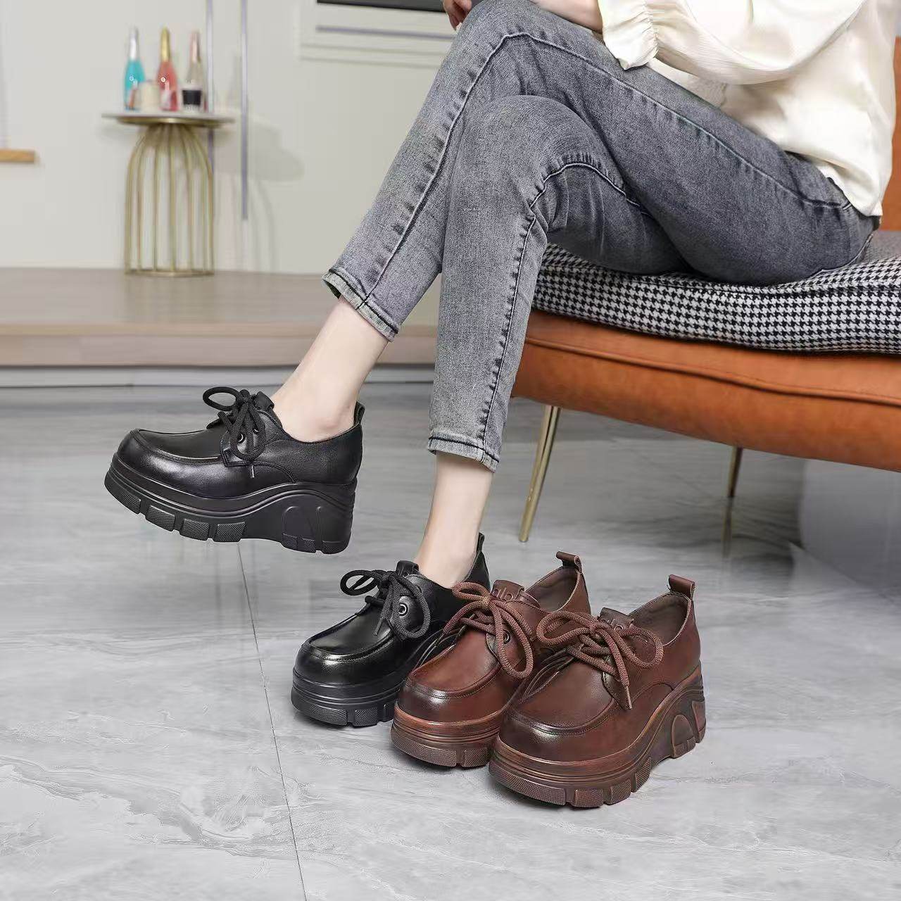 2026春季新款头层牛皮厚底小皮鞋女真皮系带时尚百搭英伦深口单鞋,女鞋,深口单鞋,淘宝优惠券,粉丝福利购,淘宝优惠卷