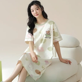 长裙家居服可外穿 夏季 女士睡衣棉质可爱短袖 睡裙卡通大码 夏天薄款