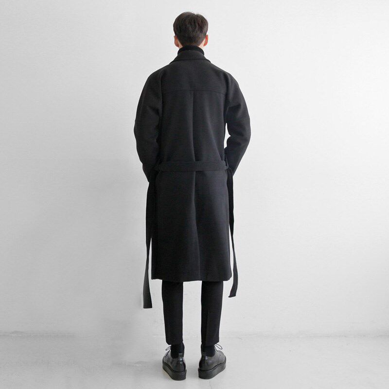 BLACK WOOLEN COAT MENS MID-LENGTH COAT AUTUMN AND WINTER HIGH-END BRITISH YUPPIE HANDSOME KOREAN WINDBREAKER DESIGN