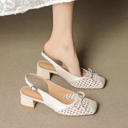 大码女鞋41一43胖脚宽肥复古方头编织包头后绊带凉鞋女粗跟高跟鞋