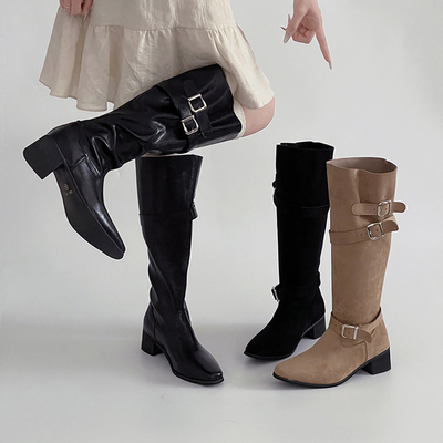 长筒靴女大筒围褶皱堆堆靴胖mm粗腿显瘦大码女高筒靴子绒面骑士靴