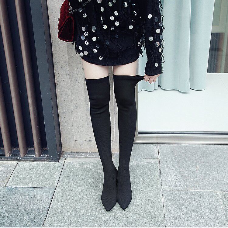 LARGE SIZE WOMENS SHOES 41-43 KNITTED SOCKS BOOTS FAT MM THICK LEG TUBE BLOCK HEEL BOOTS OVER-THE-KNEE BOOTS STRETCH HIGH BOOTS