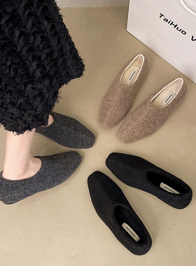 大码女鞋41到43胖脚宽肥复古灰色毛呢加绒棉鞋女内增高保暖毛毛鞋