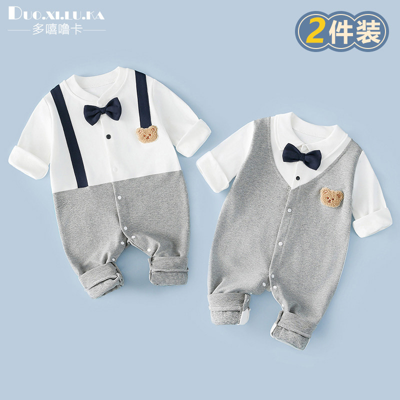 儿童纯棉外出衣服假两件背带哈衣图片