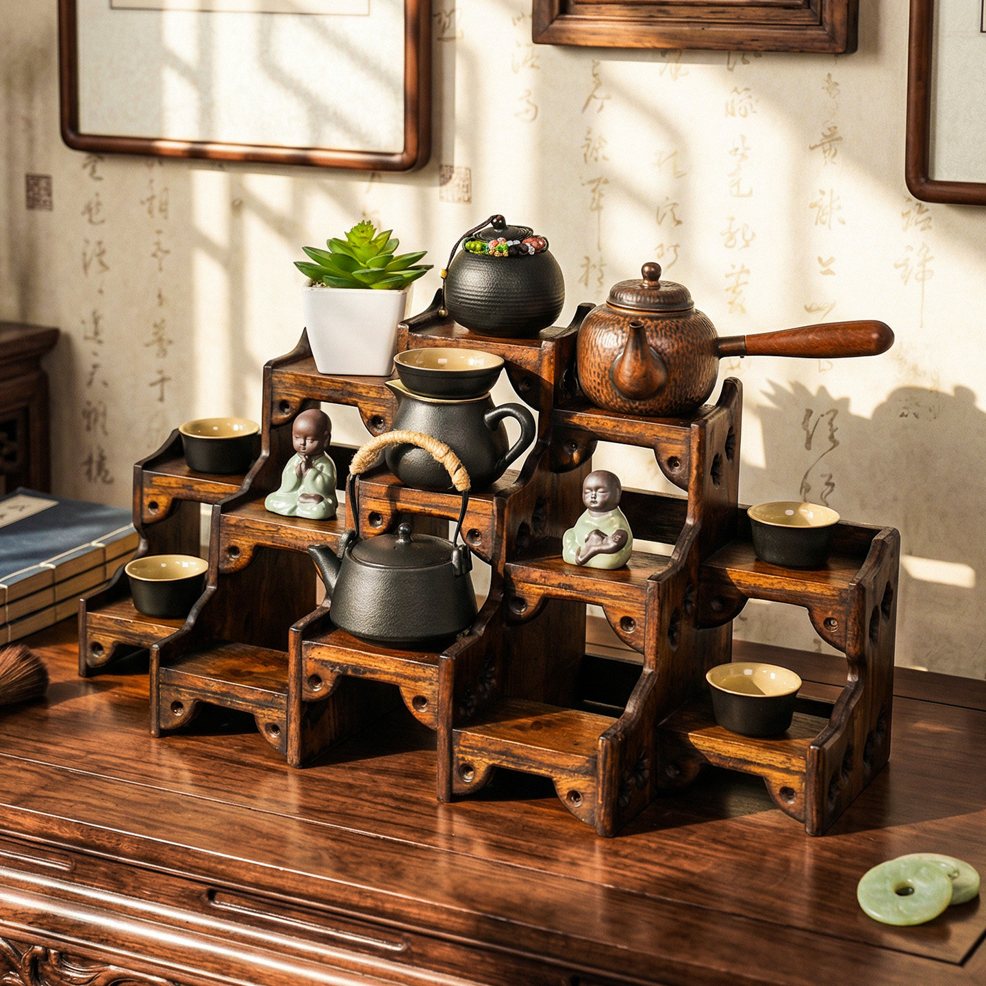 中式实木博古架桌面展示架茶室茶壶紫砂壶摆放架茶具茶杯收纳架