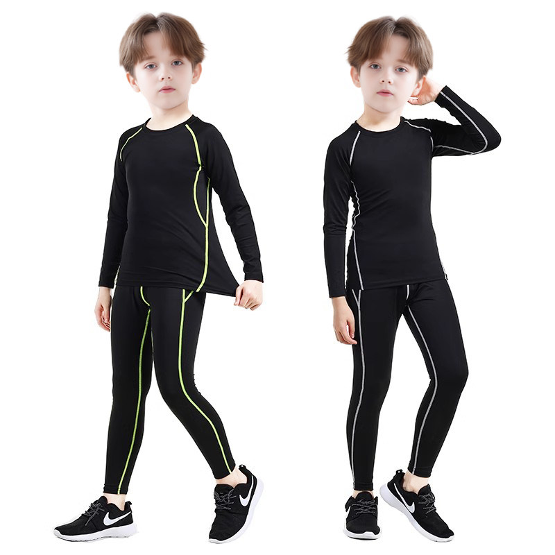 儿童紧身衣男女童篮球服足球服打底衣春秋冬黑高弹力色运动套装