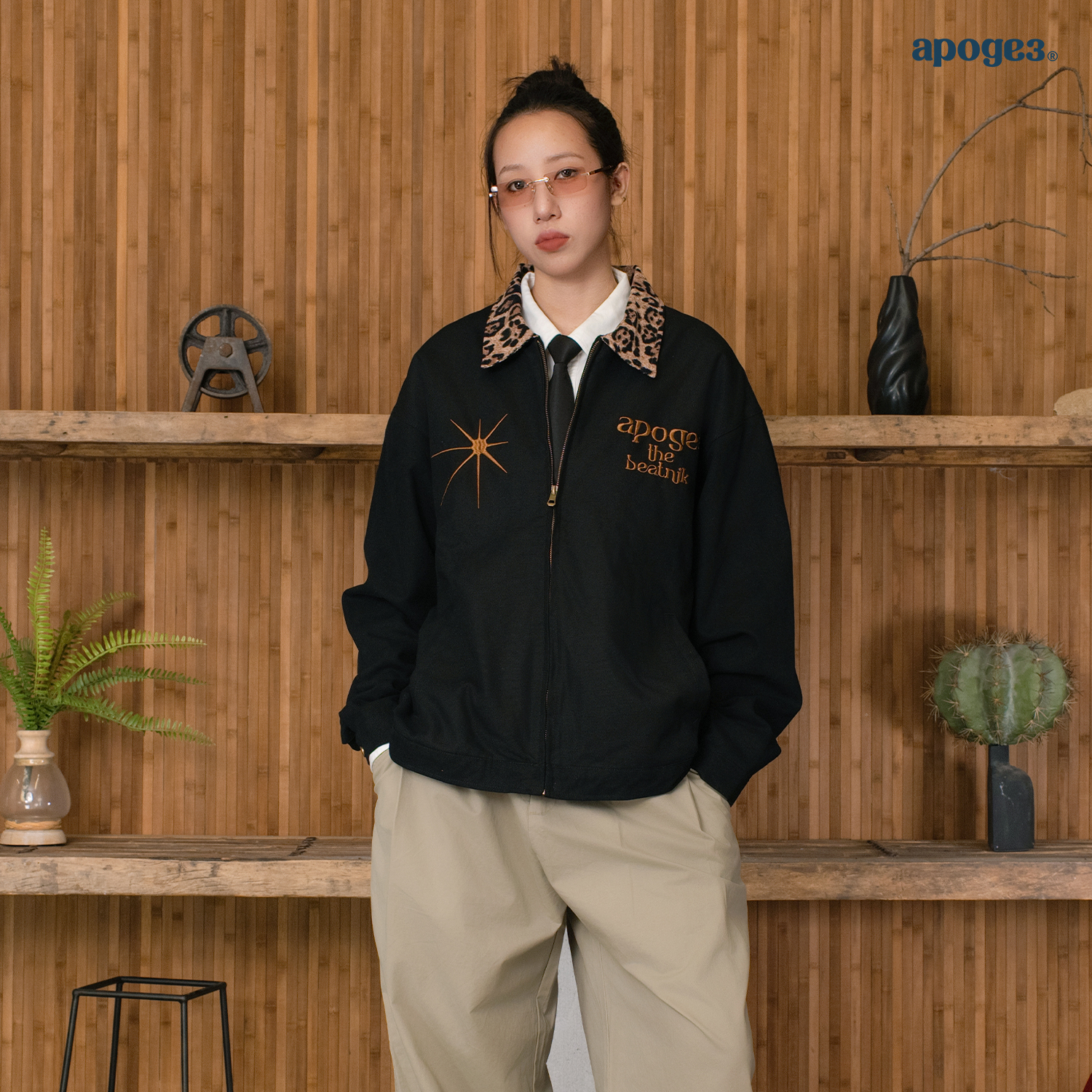 APOGE3阿保机 豹纹领工装夹克男宽松刺绣潮牌夹棉外套女情侣棉衣