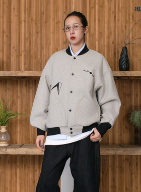 APOGE3阿保机 错落空间棒球服夹克男宽松飞行毛呢外套潮牌女美式