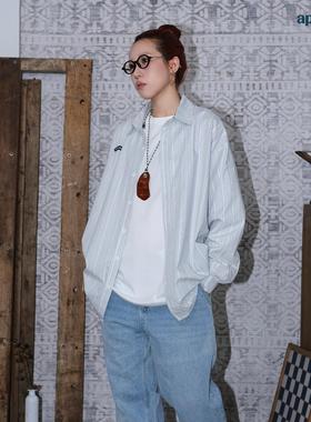 APOGE3阿保机 素色蓝白提花条纹衬衫男美式复古女拼色休闲宽松