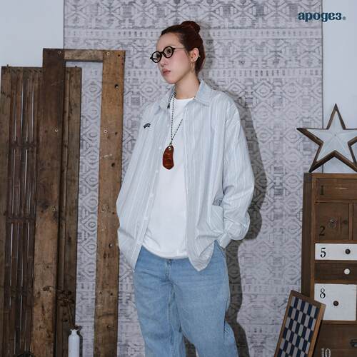 APOGE3阿保机 素色蓝白提花条纹衬衫男美式复古女拼色休闲宽松 - 封面