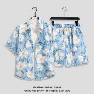 花色沙灘短褲 冰絲套裝 情侶搭配兩件套 寬松大碼 襯衫 男速干夏季 短袖