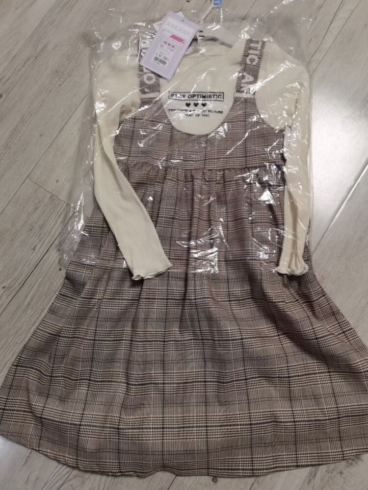 春秋童装女童裙装两件套打底衫格子背带连衣裙日单森女