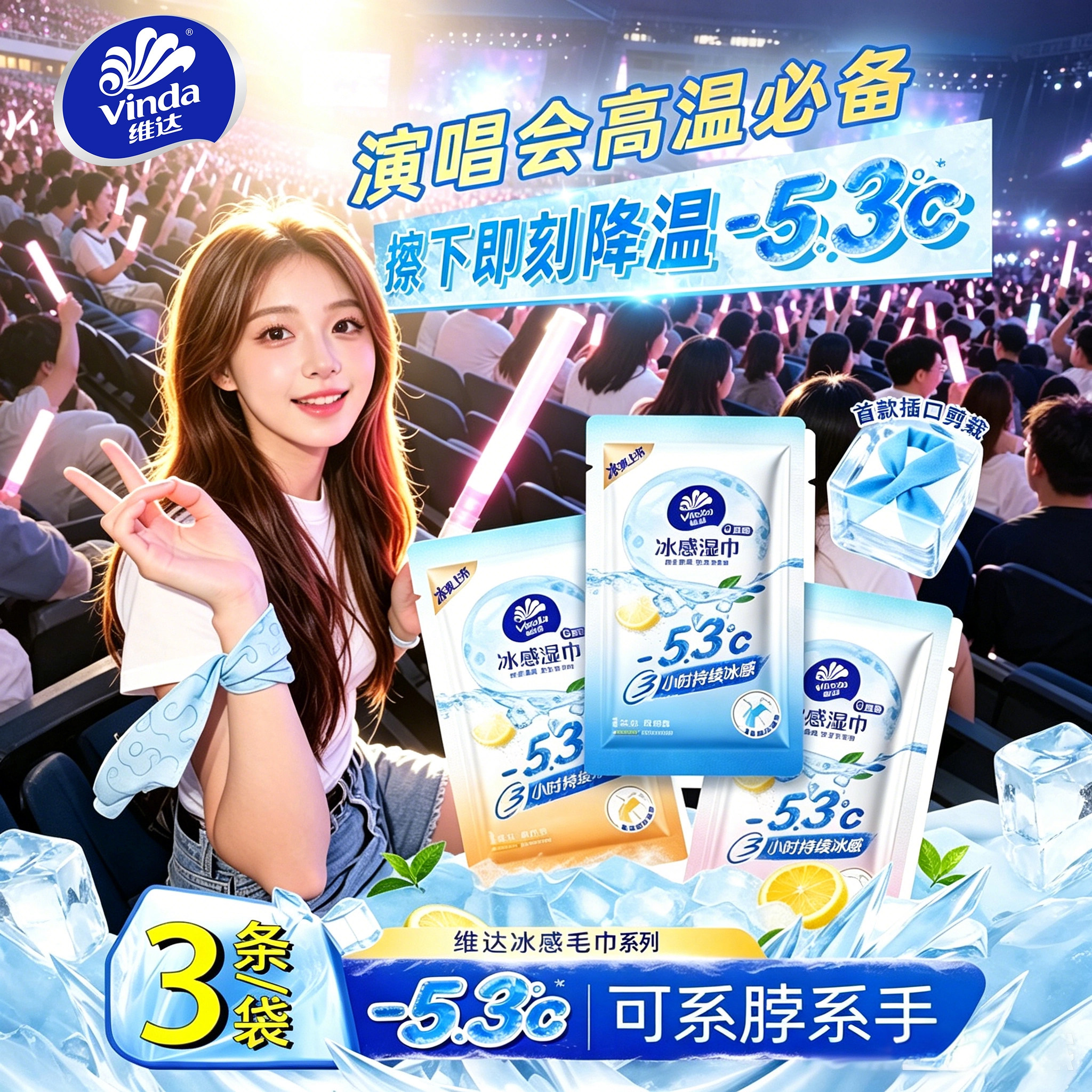 维达冰感湿巾独立装降温湿纸巾3条装清凉冰爽外出便携装