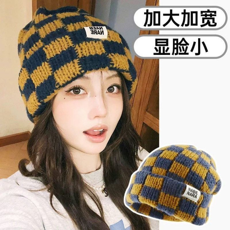 多巴胺撞色格子毛线帽女秋冬韩版大头围冷帽护耳保暖显脸小针织帽,服饰配件/皮带/帽子/围巾,帽子,淘宝优惠券,粉丝福利购,淘宝优惠卷