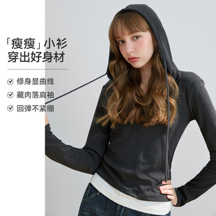 【贝贝&lagogo】瘦瘦系列LAGOGO轻运动假两件连帽T恤女修身上衣