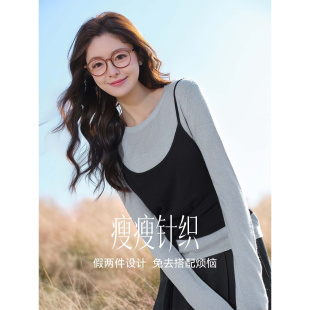 【草莓粉丝专享】LAGOGO双蓝萦雅假两件针织衫女撞色系带上衣