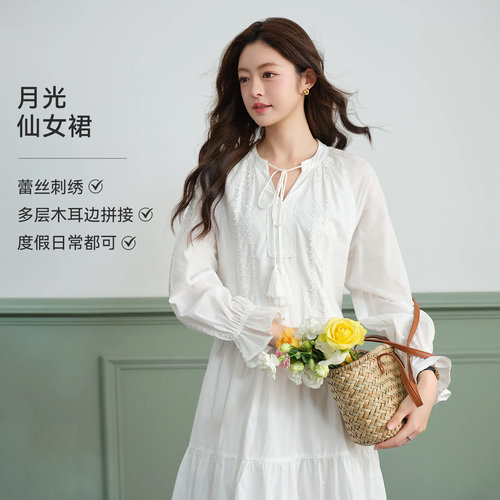 LAGOGO蕾丝拼接法式全棉仙女裙