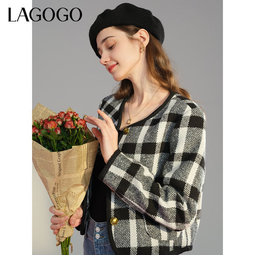 【贝贝&lagogo】lagogo经典黑白格气质显瘦外套女NAWW541A41