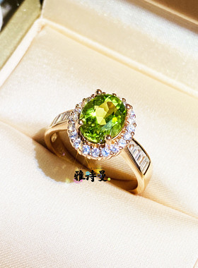 时尚珠宝饰品天然橄榄石戒指闭口925纯银镀18K金指环食指轻奢小众