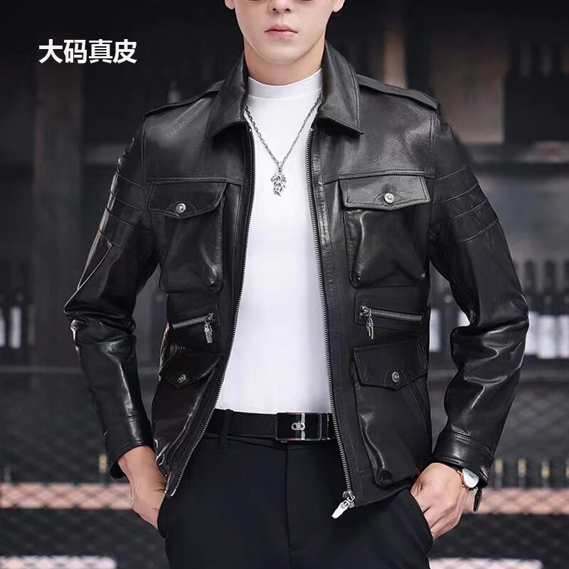 2024秋季海宁真皮皮衣男士加肥加大码油蜡山羊皮夹克韩版机车猎装