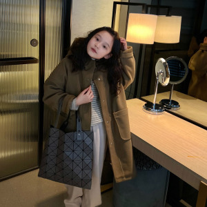 美妞之城女童长款呢大衣夹棉外套棉衣2023冬季新款童装气质含羊毛